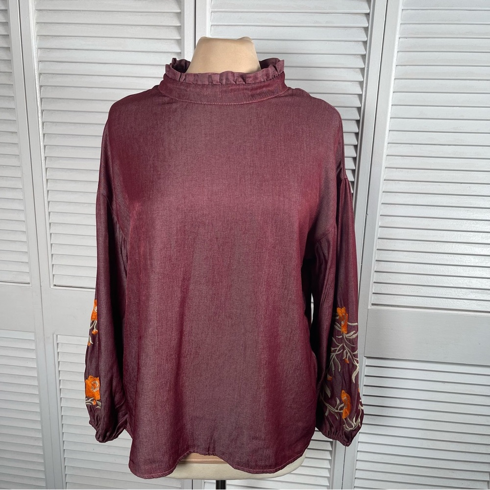 Rusttydustty‎ Boho Embroidered Wine Top Ruffle Neck Long Sleeve Size M